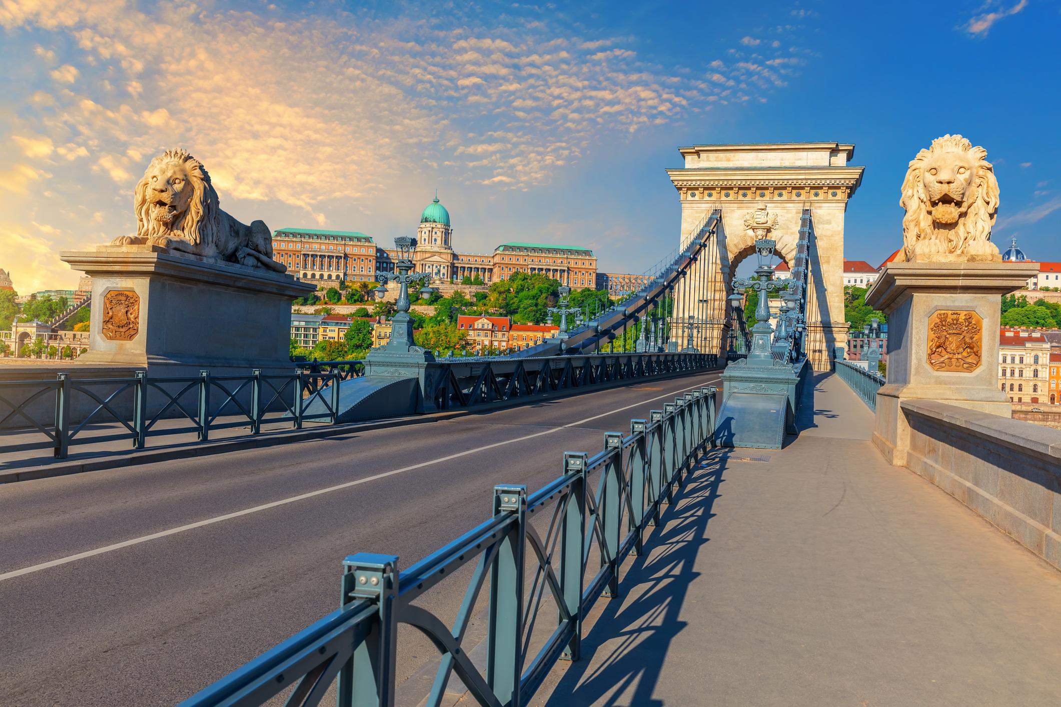 View of the Chain Bridge over the Danube at sunset, Budapest - Hungary eSim