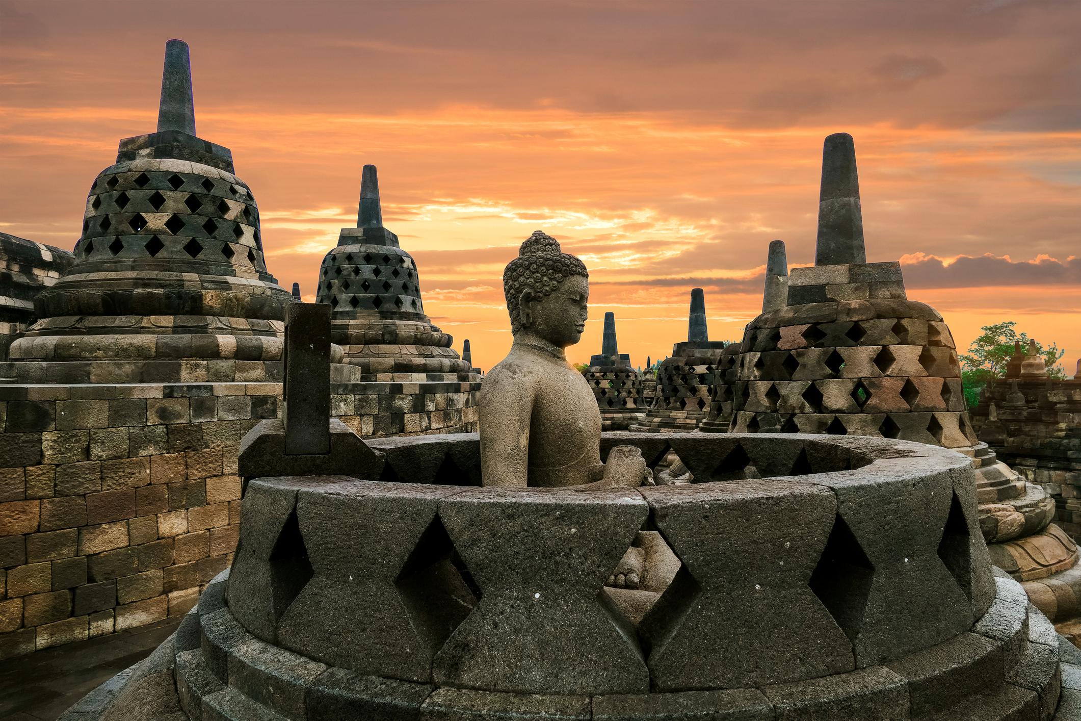 View of the Majestic Borobudur Stupas at Sunrise, Central Java - Indonesia eSim