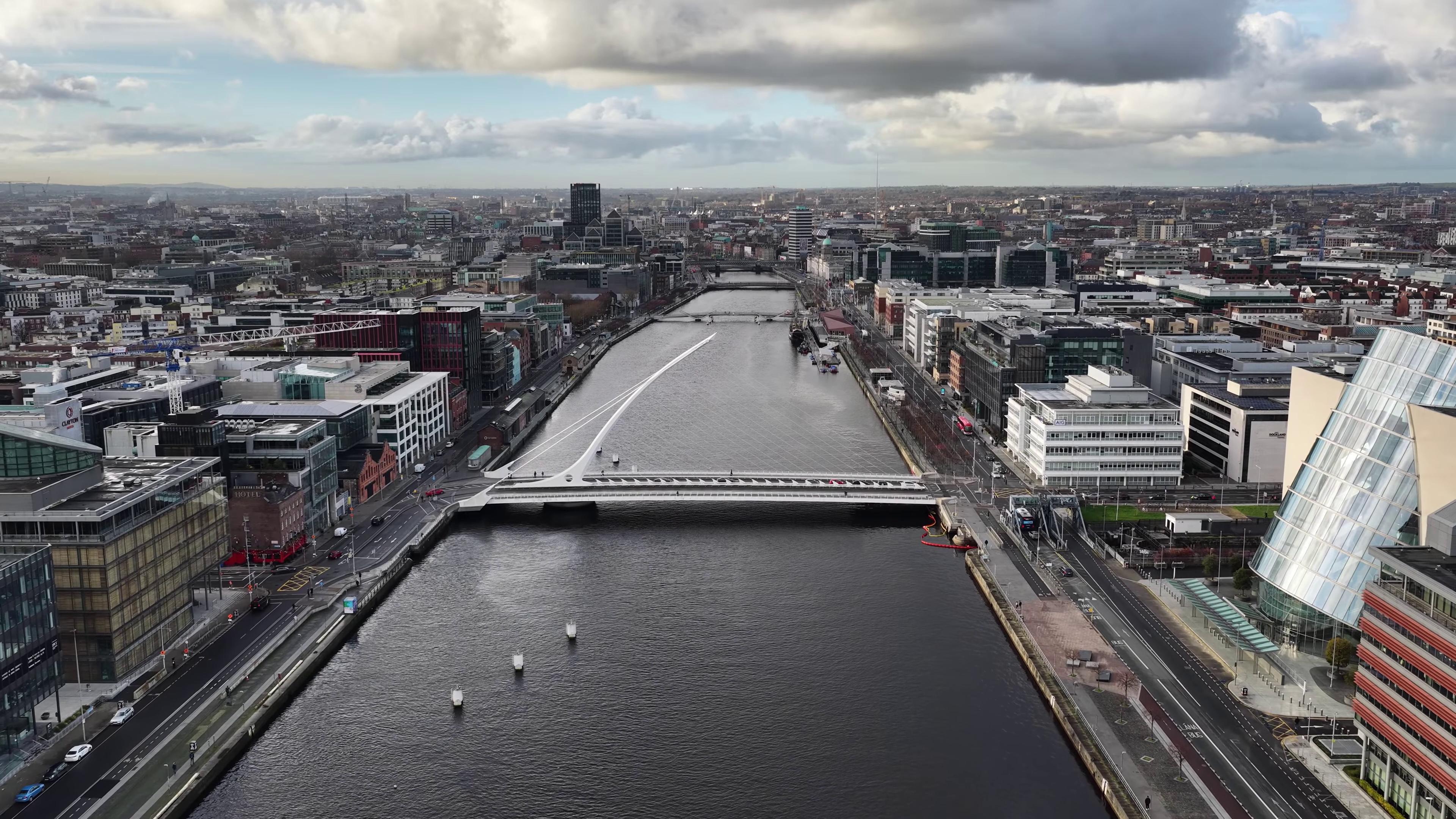 View of the Dublin City Skyline with River Liffey and Samuel Beckett Bridge - Ireland eSim